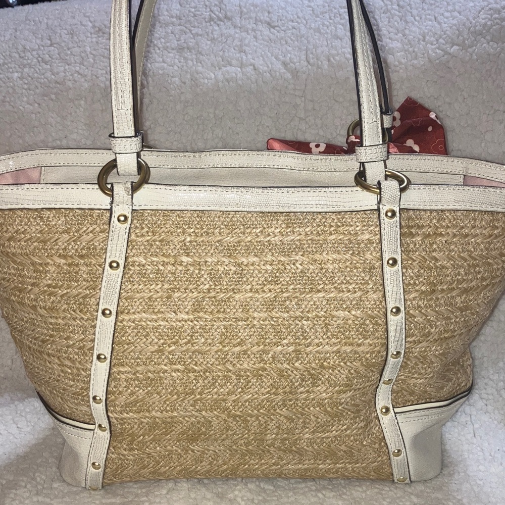 Coach Alexandra Straw python leather trimmed Tote… - image 7